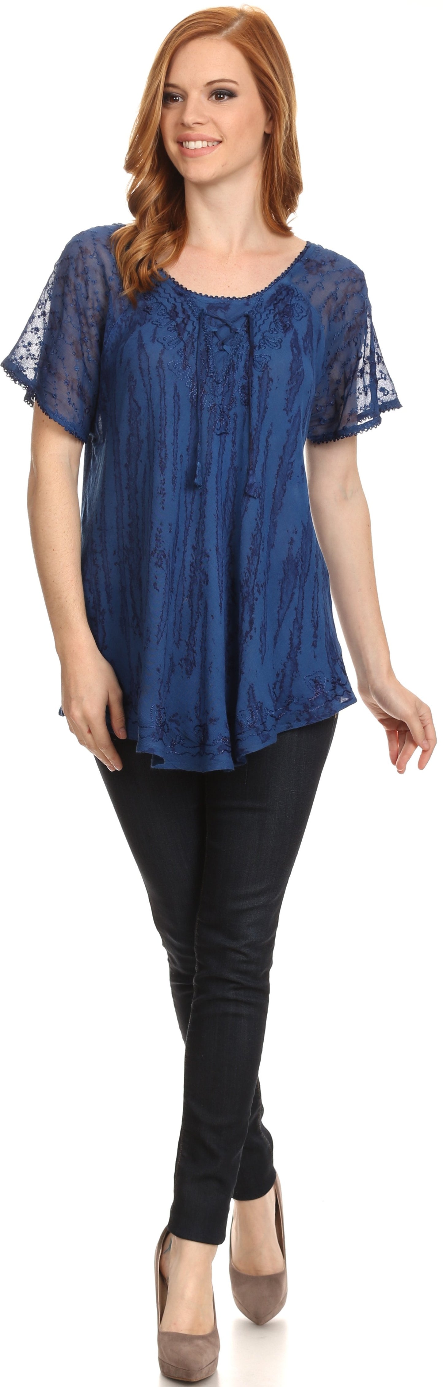 Sakkas Zoya Marbled Embroidery Cap Sleeves Blouse / Top - Concordia Style Boutique
