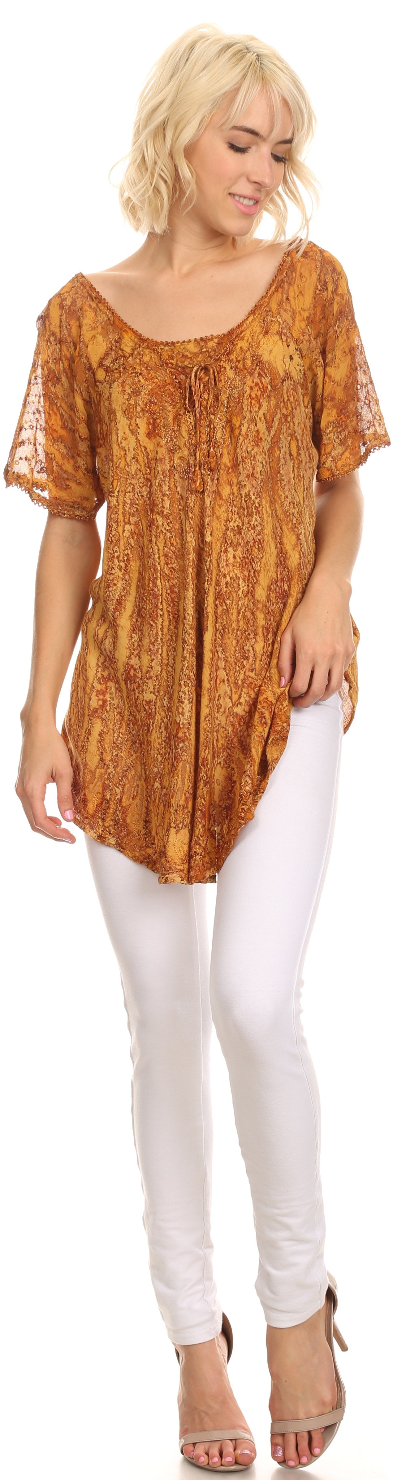 Sakkas Zoya Marbled Embroidery Cap Sleeves Blouse / Top - Concordia Style Boutique