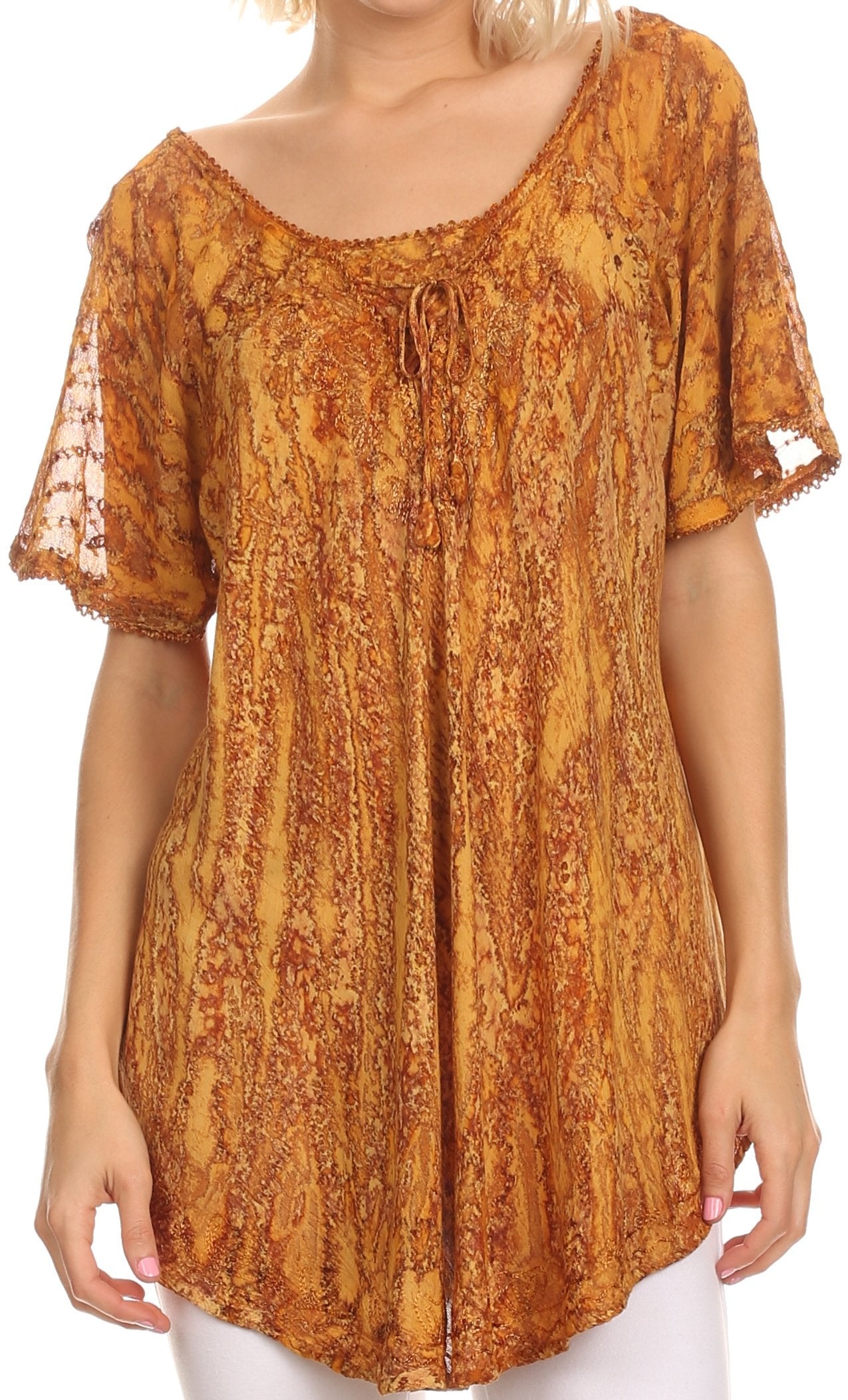 Sakkas Zoya Marbled Embroidery Cap Sleeves Blouse / Top - Concordia Style Boutique