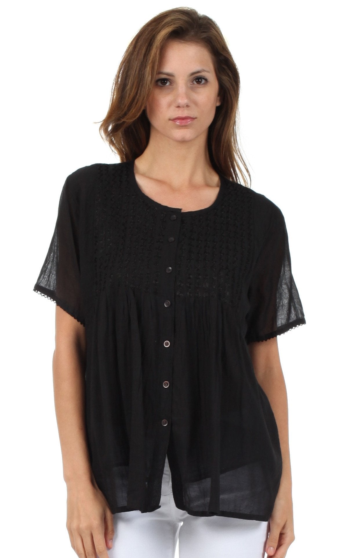 Sakkas Button Down Embroidered Short Sleeve Semi-Sheer Gauzy Cotton Top / Blouse - Concordia Style Boutique