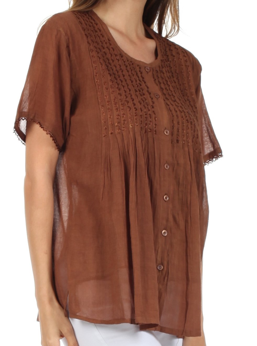 Sakkas Button Down Embroidered Short Sleeve Semi-Sheer Gauzy Cotton Top / Blouse - Concordia Style Boutique
