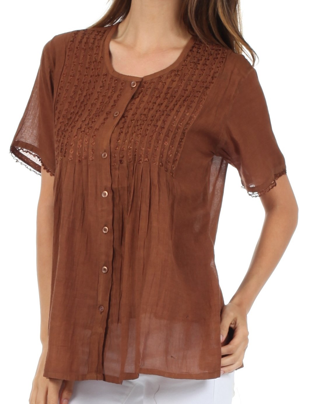 Sakkas Button Down Embroidered Short Sleeve Semi-Sheer Gauzy Cotton Top / Blouse - Concordia Style Boutique