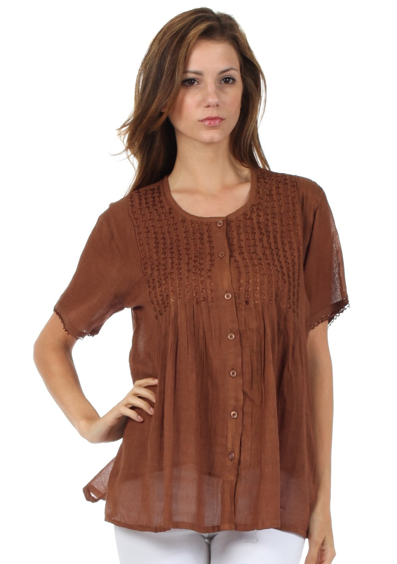 Sakkas Button Down Embroidered Short Sleeve Semi-Sheer Gauzy Cotton Top / Blouse - Concordia Style Boutique
