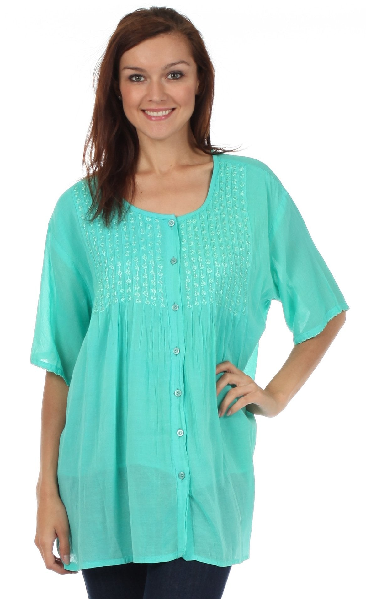Sakkas Button Down Embroidered Short Sleeve Semi-Sheer Gauzy Cotton Top / Blouse - Concordia Style Boutique