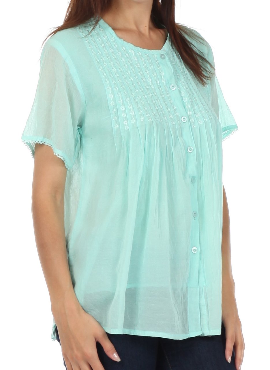 Sakkas Button Down Embroidered Short Sleeve Semi-Sheer Gauzy Cotton Top / Blouse - Concordia Style Boutique