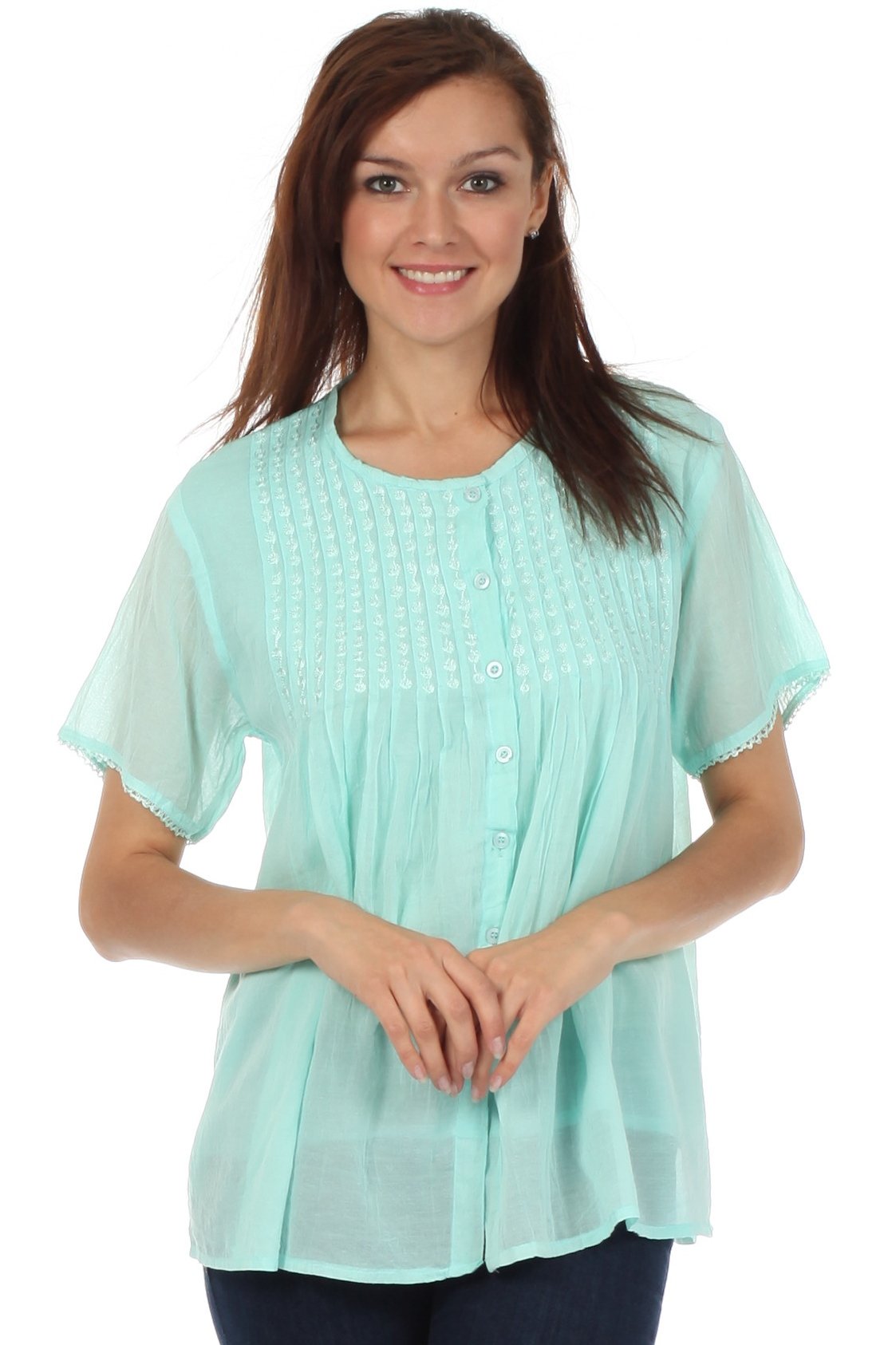 Sakkas Button Down Embroidered Short Sleeve Semi-Sheer Gauzy Cotton Top / Blouse - Concordia Style Boutique