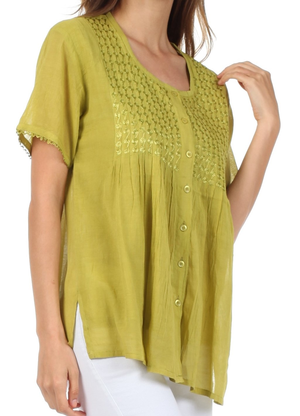 Sakkas Button Down Embroidered Short Sleeve Semi-Sheer Gauzy Cotton Top / Blouse - Concordia Style Boutique