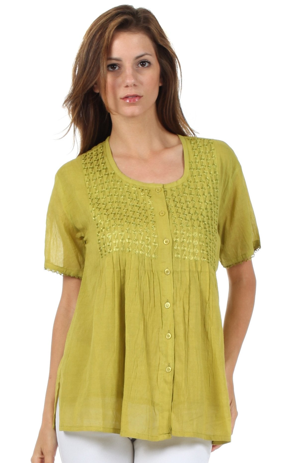 Sakkas Button Down Embroidered Short Sleeve Semi-Sheer Gauzy Cotton Top / Blouse - Concordia Style Boutique