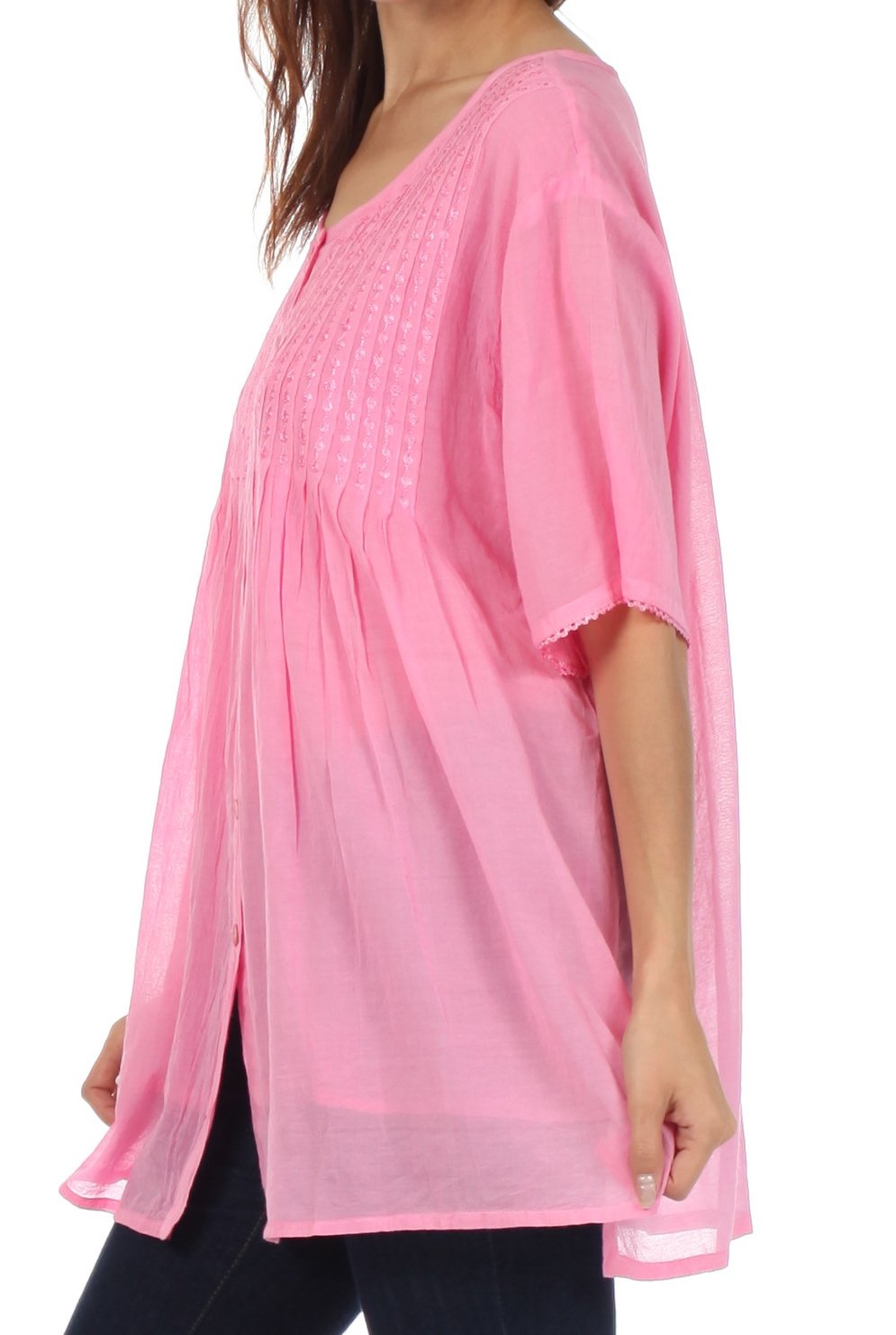 Sakkas Button Down Embroidered Short Sleeve Semi-Sheer Gauzy Cotton Top / Blouse - Concordia Style Boutique
