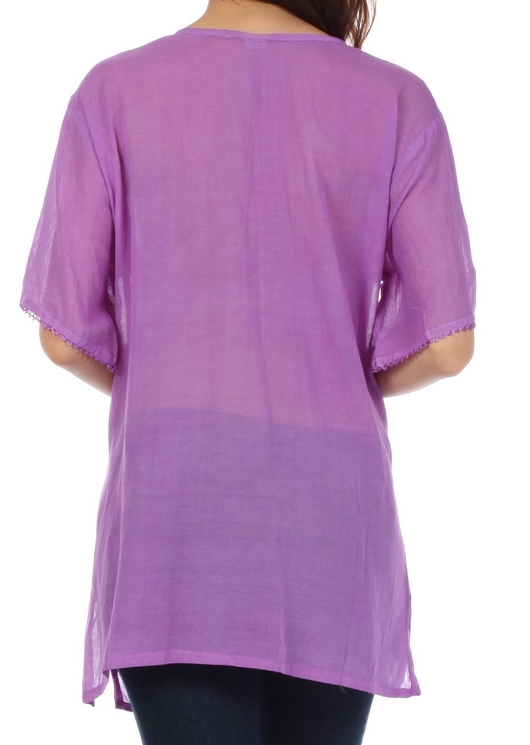 Sakkas Button Down Embroidered Short Sleeve Semi-Sheer Gauzy Cotton Top / Blouse - Concordia Style Boutique