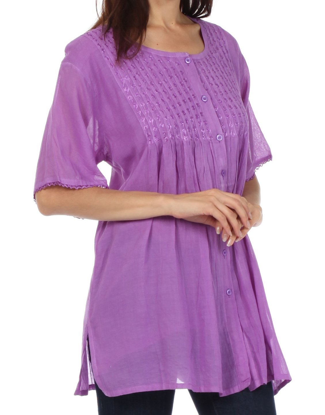 Sakkas Button Down Embroidered Short Sleeve Semi-Sheer Gauzy Cotton Top / Blouse - Concordia Style Boutique