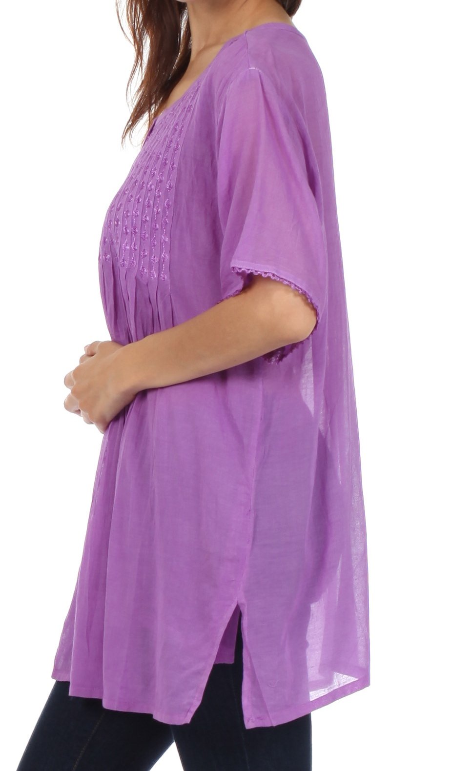 Sakkas Button Down Embroidered Short Sleeve Semi-Sheer Gauzy Cotton Top / Blouse - Concordia Style Boutique
