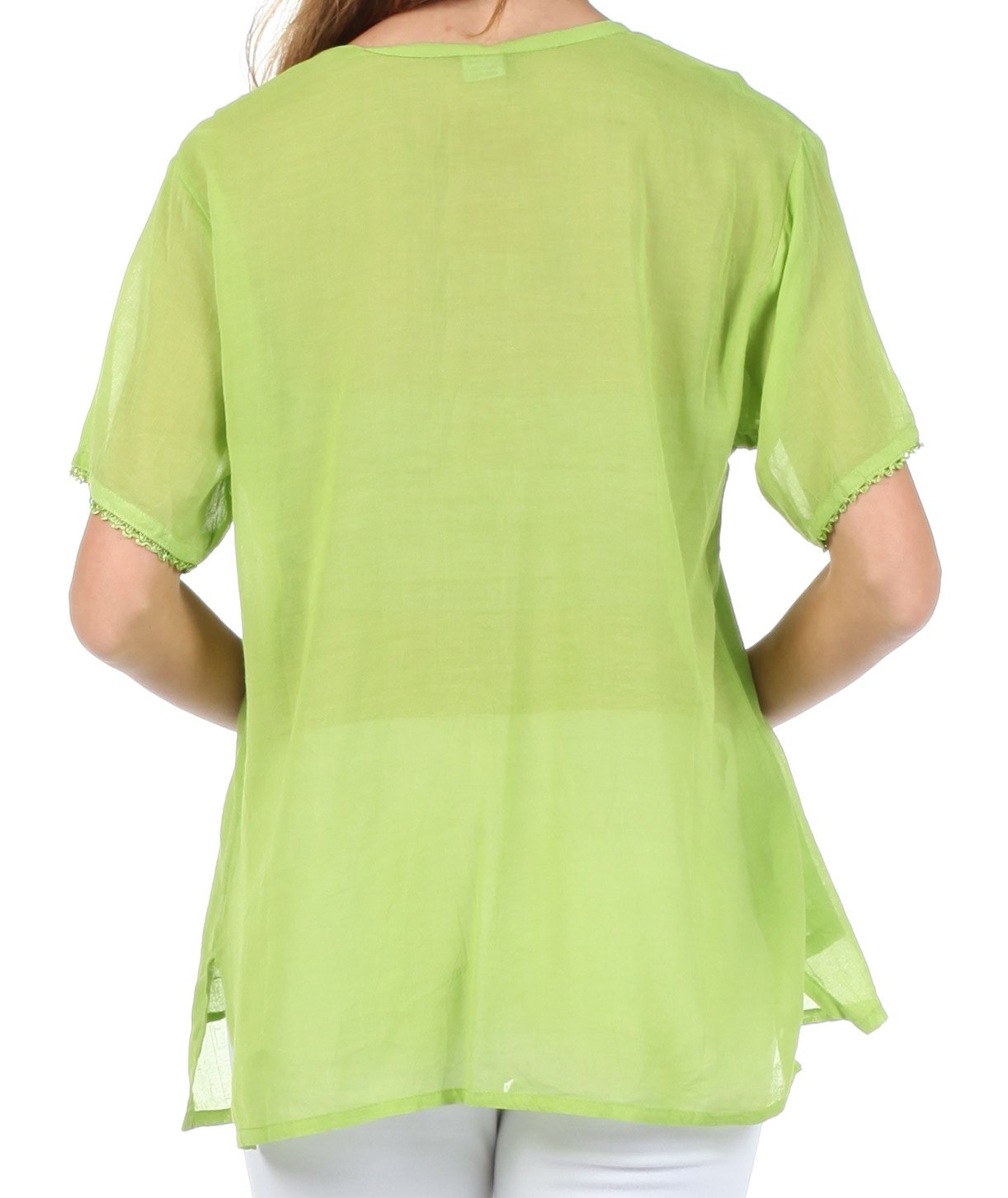 Sakkas Button Down Embroidered Short Sleeve Semi-Sheer Gauzy Cotton Top / Blouse - Concordia Style Boutique