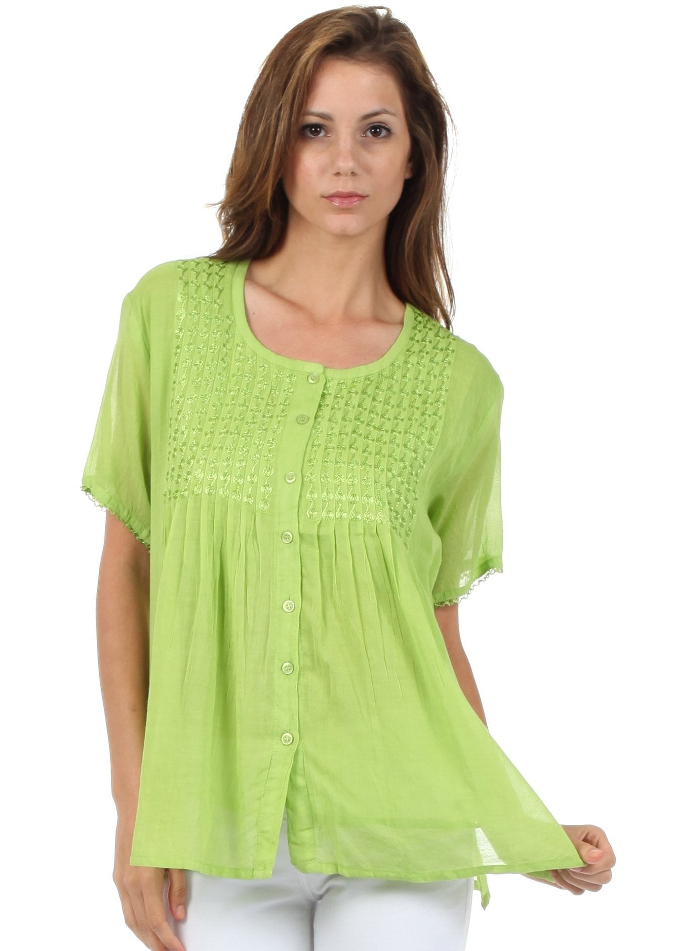 Sakkas Button Down Embroidered Short Sleeve Semi-Sheer Gauzy Cotton Top / Blouse - Concordia Style Boutique