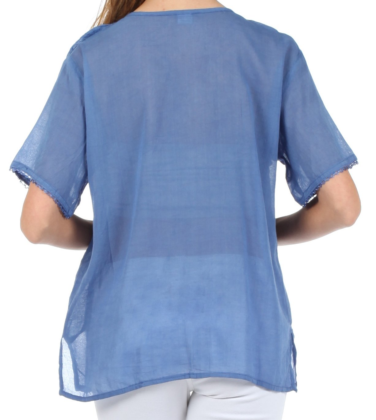 Sakkas Button Down Embroidered Short Sleeve Semi-Sheer Gauzy Cotton Top / Blouse - Concordia Style Boutique