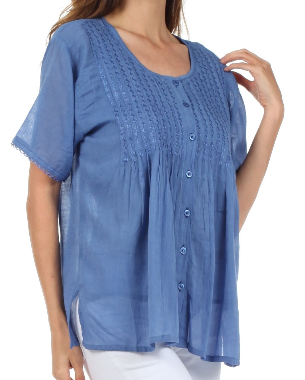 Sakkas Button Down Embroidered Short Sleeve Semi-Sheer Gauzy Cotton Top / Blouse - Concordia Style Boutique
