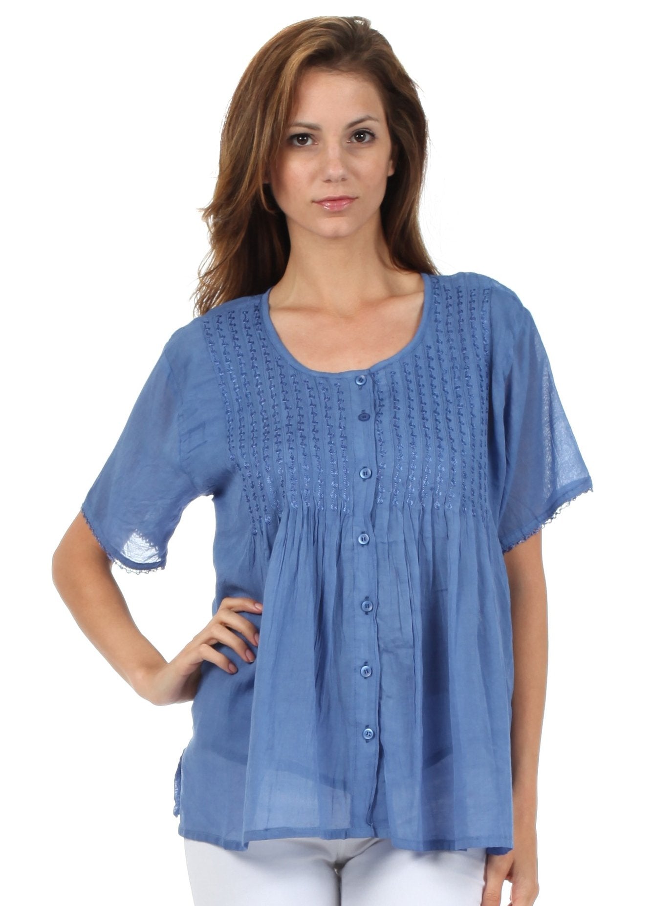 Sakkas Button Down Embroidered Short Sleeve Semi-Sheer Gauzy Cotton Top / Blouse - Concordia Style Boutique