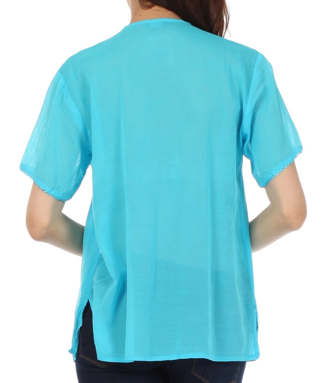 Sakkas Button Down Embroidered Short Sleeve Semi-Sheer Gauzy Cotton Top / Blouse - Concordia Style Boutique
