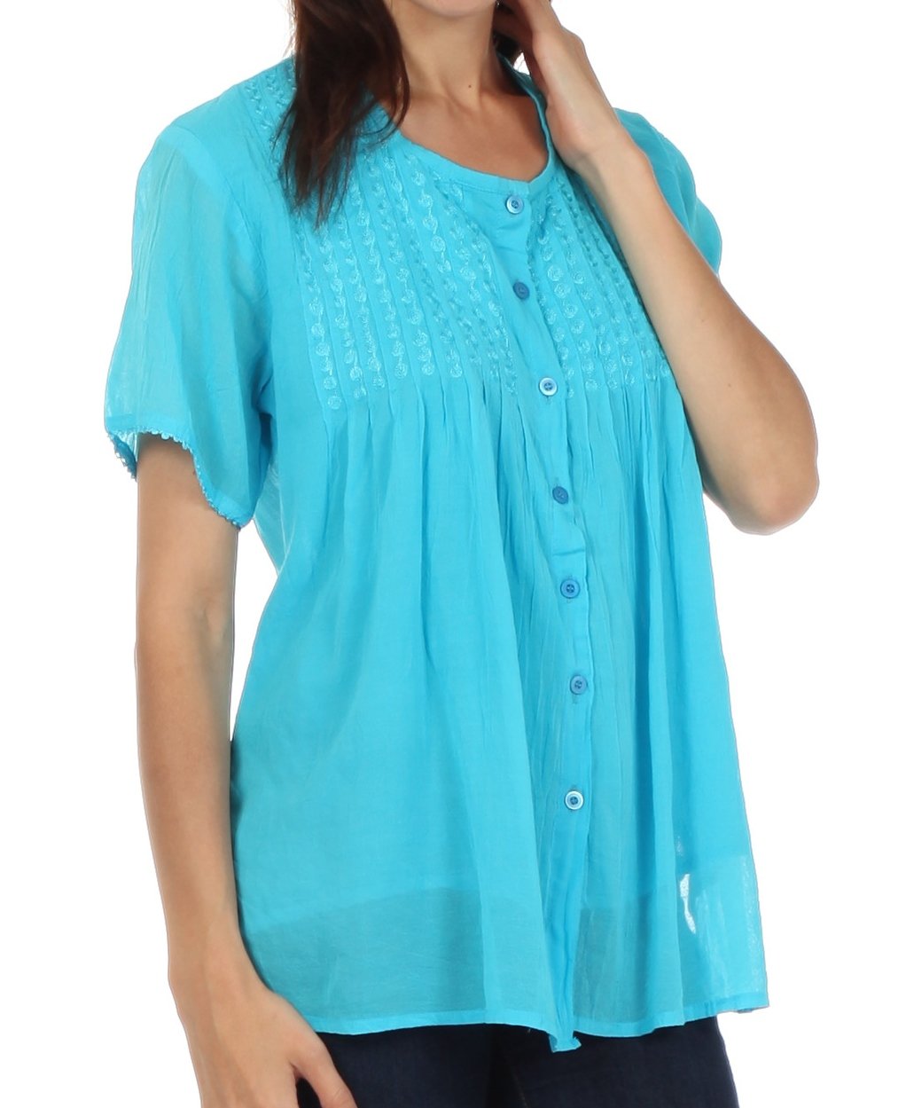 Sakkas Button Down Embroidered Short Sleeve Semi-Sheer Gauzy Cotton Top / Blouse - Concordia Style Boutique
