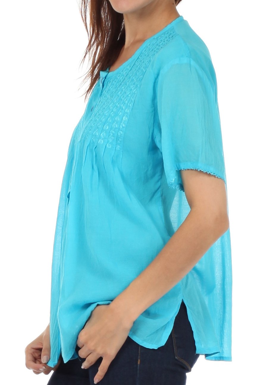 Sakkas Button Down Embroidered Short Sleeve Semi-Sheer Gauzy Cotton Top / Blouse - Concordia Style Boutique