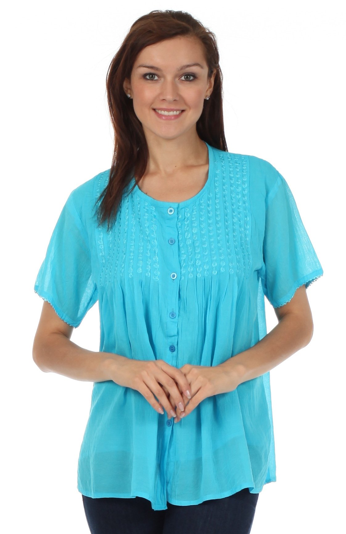 Sakkas Button Down Embroidered Short Sleeve Semi-Sheer Gauzy Cotton Top / Blouse - Concordia Style Boutique