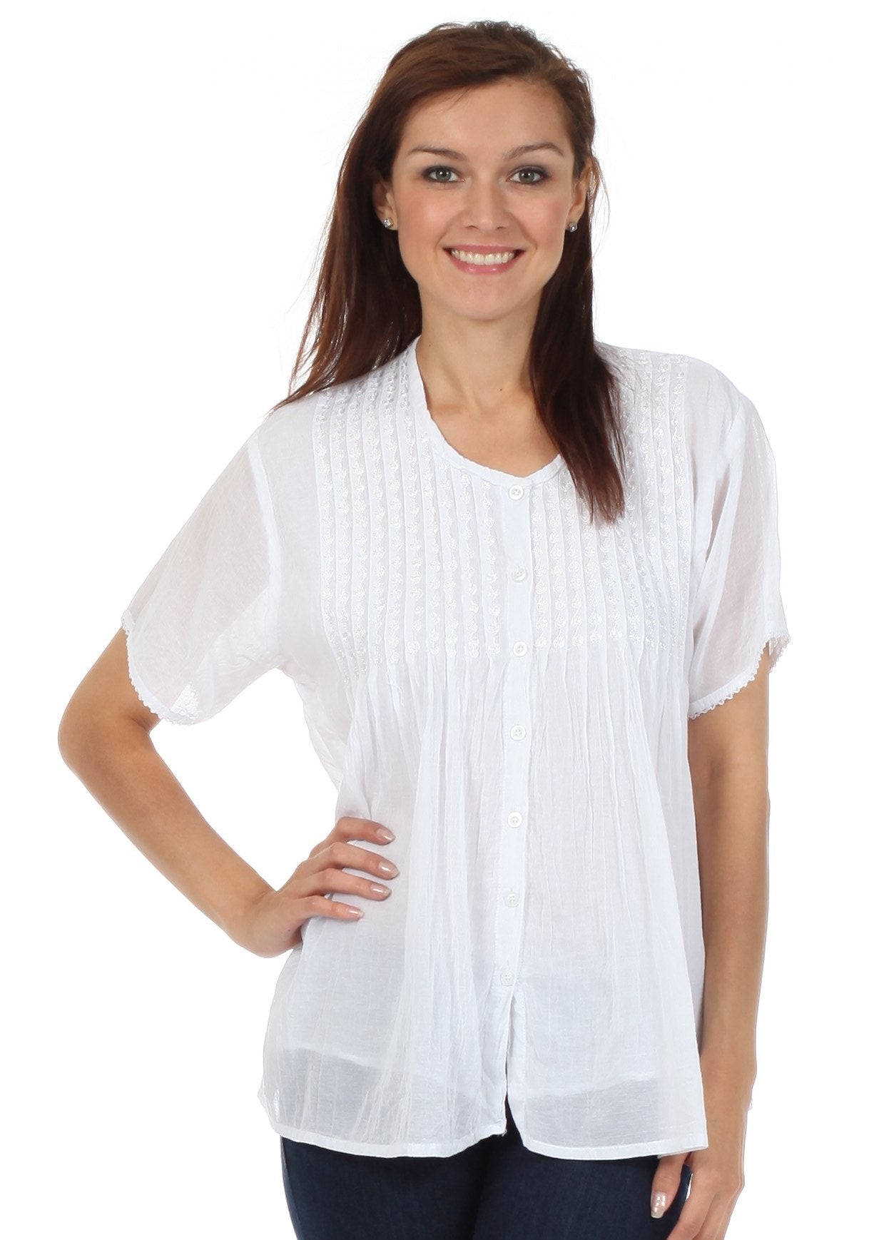 Sakkas Button Down Embroidered Short Sleeve Semi-Sheer Gauzy Cotton Top / Blouse - Concordia Style Boutique