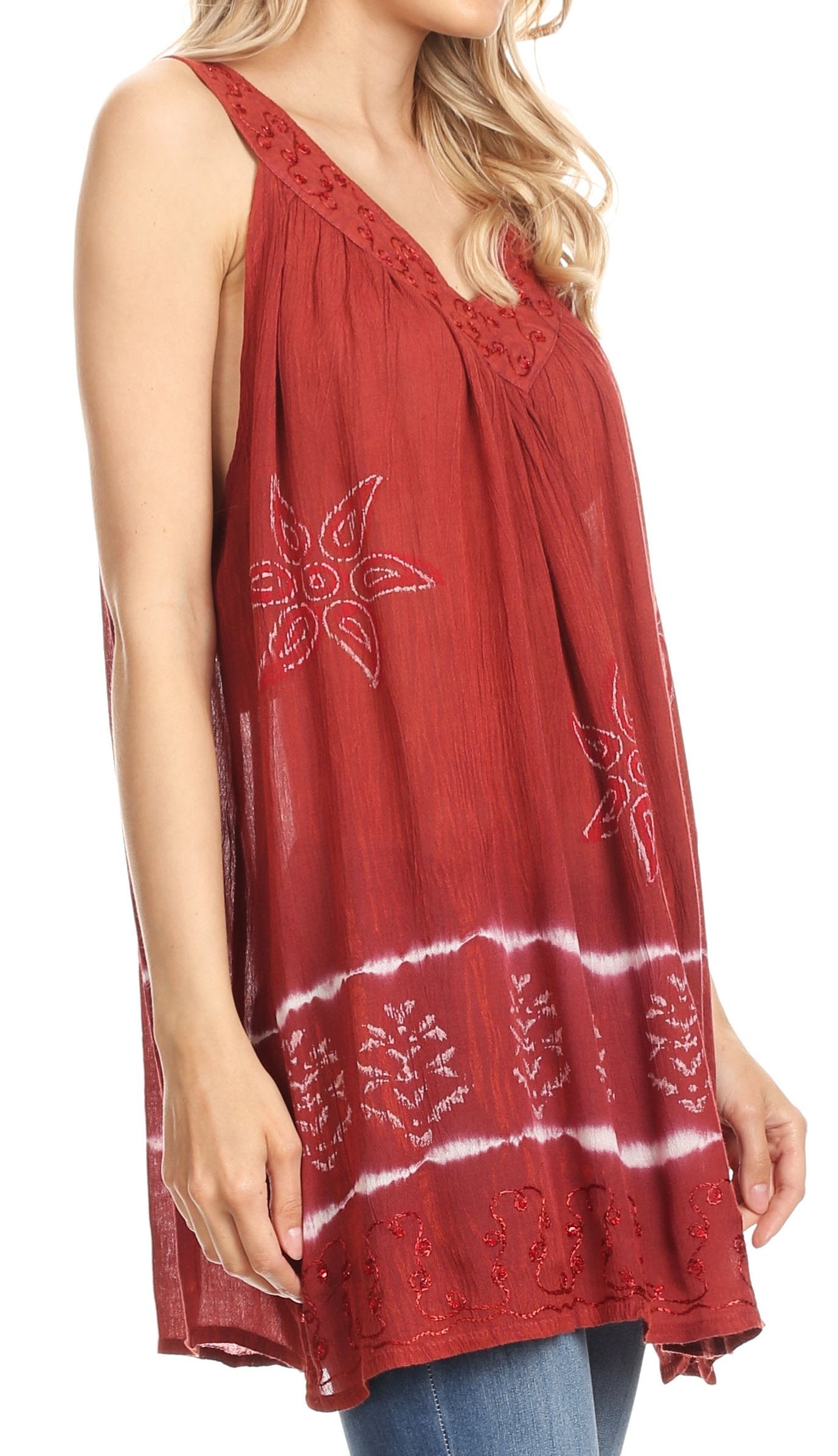 Sakkas Ruth Sequin Embroidered Batik Relaxed Fit Sleeveless V-Neck Top - Concordia Style Boutique