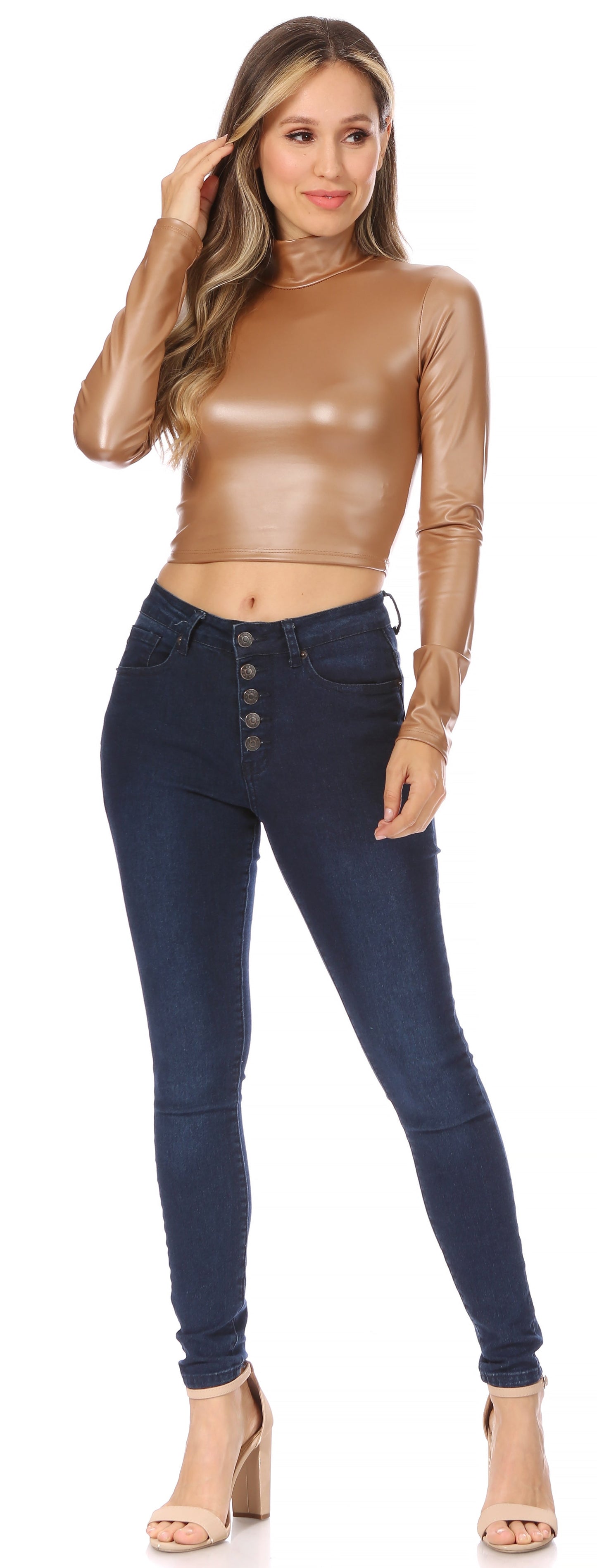 Sakkas Matte Liquid Mock Neck Turtleneck Long Sleeve Crop Top - Made in USA - Concordia Style Boutique