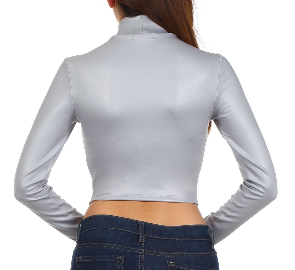 Sakkas Matte Liquid Mock Neck Turtleneck Long Sleeve Crop Top - Made in USA - Concordia Style Boutique