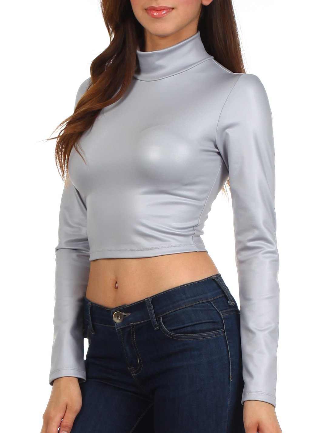 Sakkas Matte Liquid Mock Neck Turtleneck Long Sleeve Crop Top - Made in USA - Concordia Style Boutique
