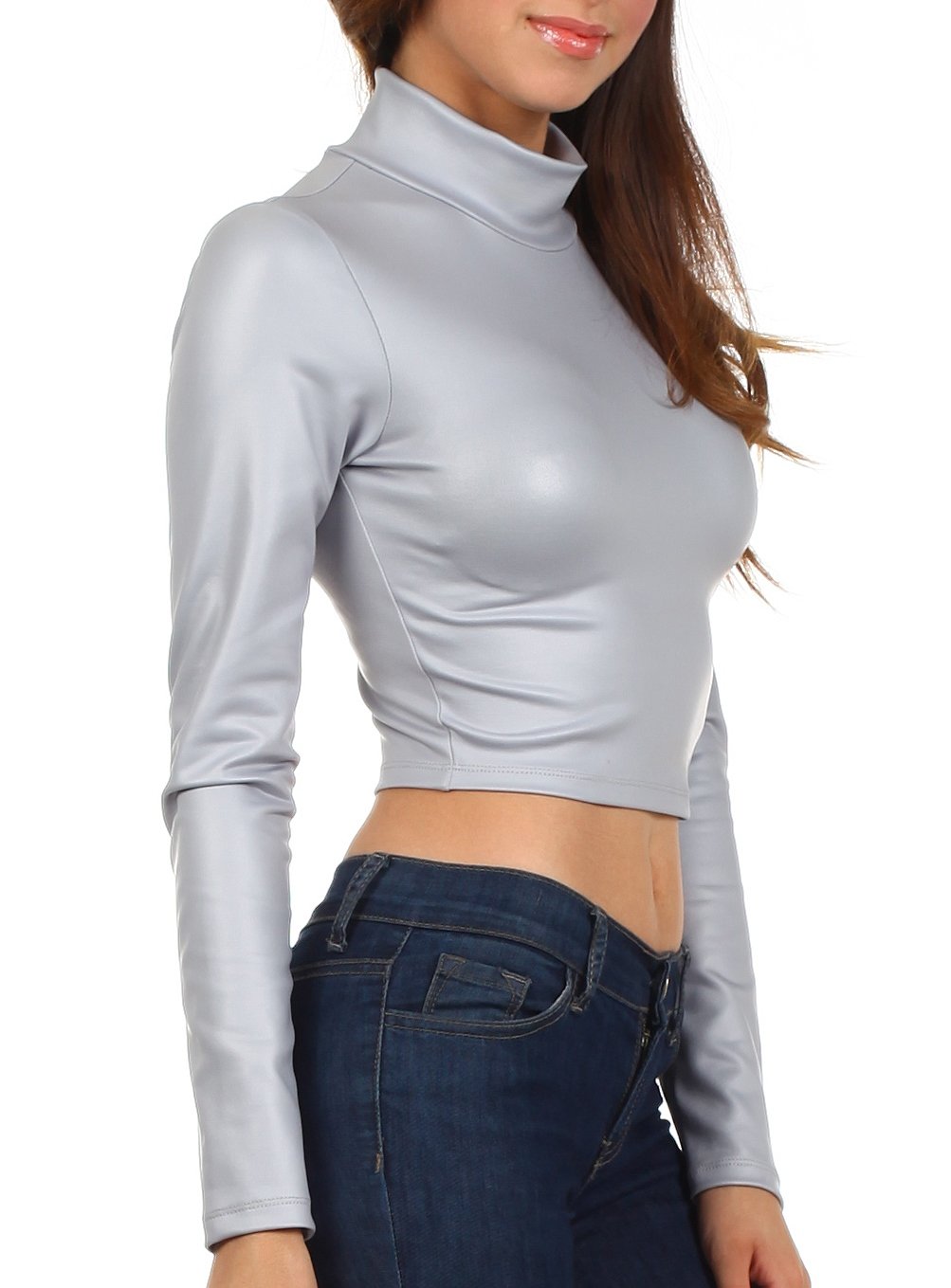 Sakkas Matte Liquid Mock Neck Turtleneck Long Sleeve Crop Top - Made in USA - Concordia Style Boutique