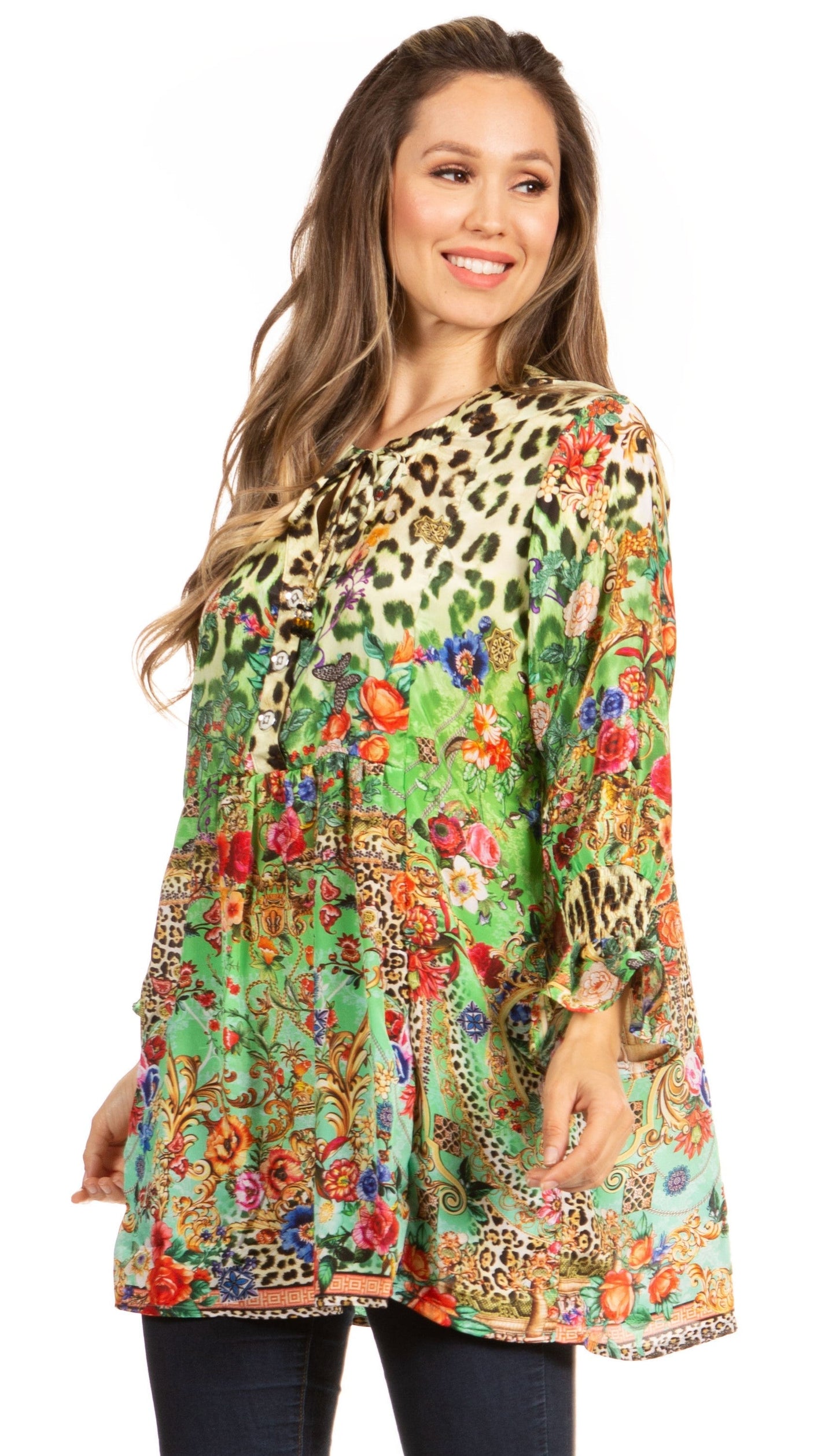 Elvira Floral Tunic Blouse - Women's Loose Swing Top with Long Sleeves and Scoop Neck by Sakkas - Concordia Style Boutique
