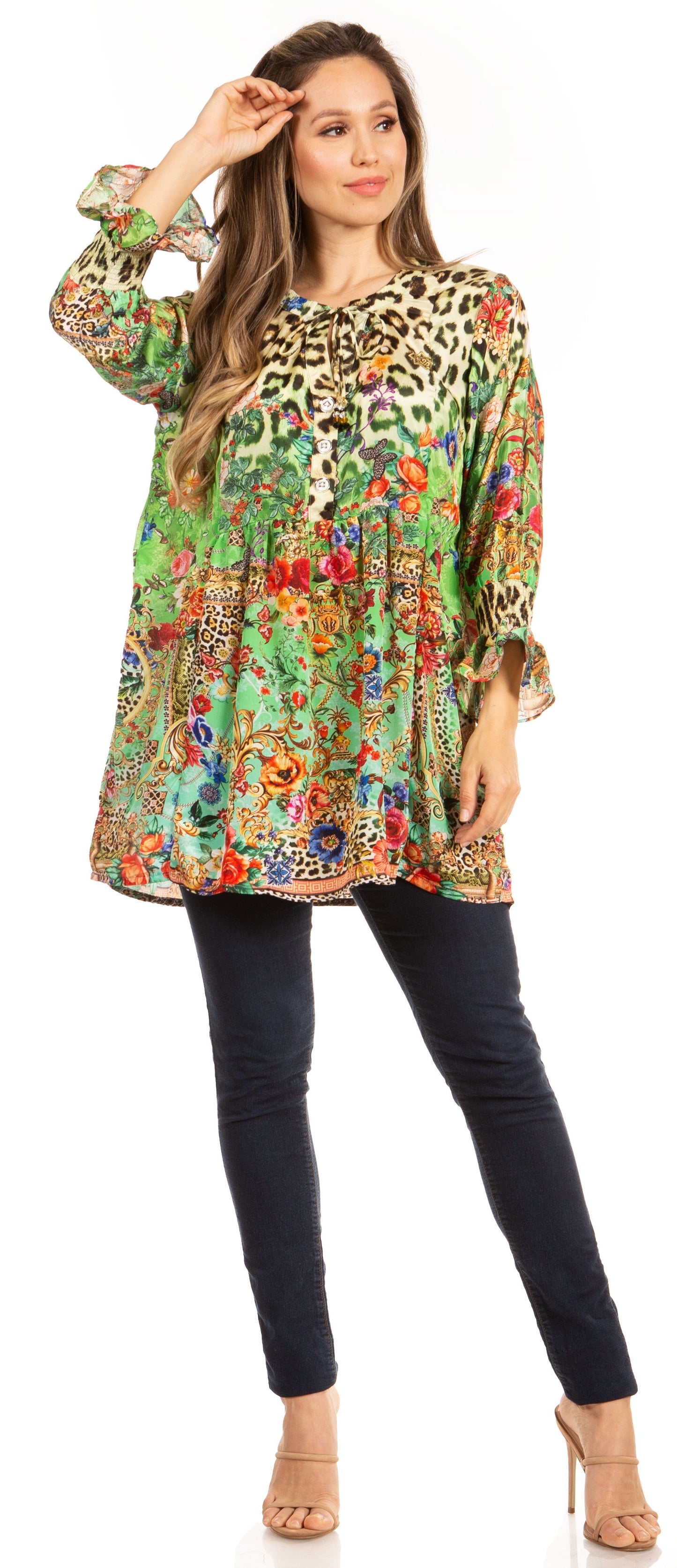 Elvira Floral Tunic Blouse - Women's Loose Swing Top with Long Sleeves and Scoop Neck by Sakkas - Concordia Style Boutique