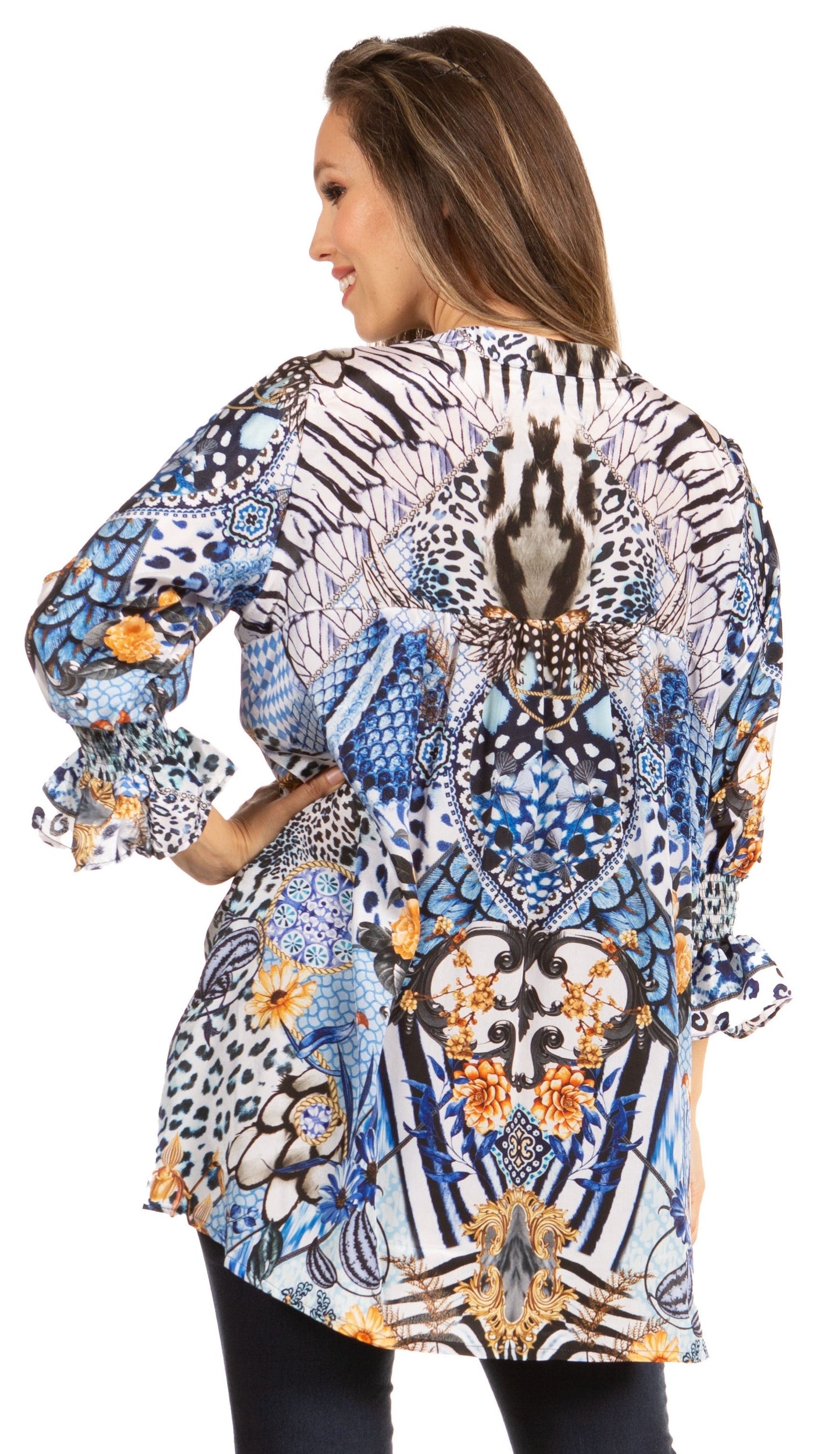 Elvira Floral Tunic Blouse - Women's Loose Swing Top with Long Sleeves and Scoop Neck by Sakkas - Concordia Style Boutique