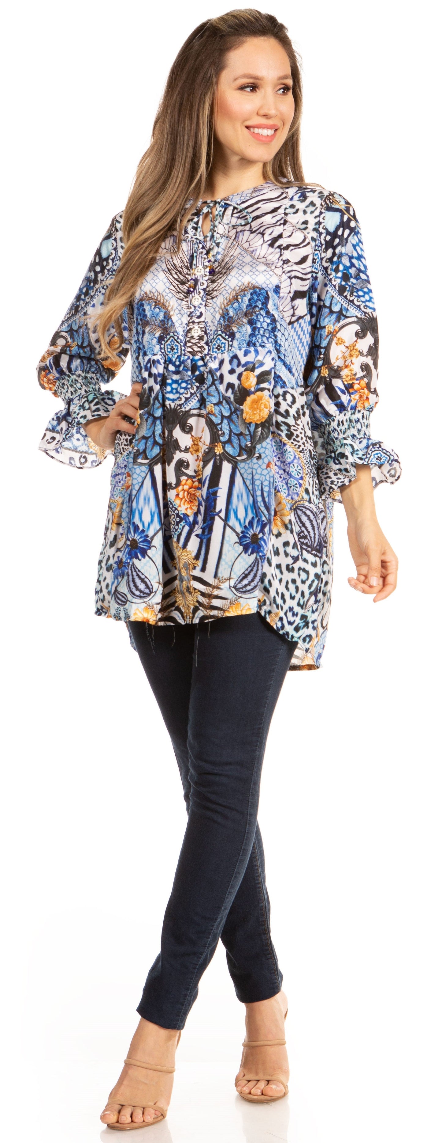 Elvira Floral Tunic Blouse - Women's Loose Swing Top with Long Sleeves and Scoop Neck by Sakkas - Concordia Style Boutique