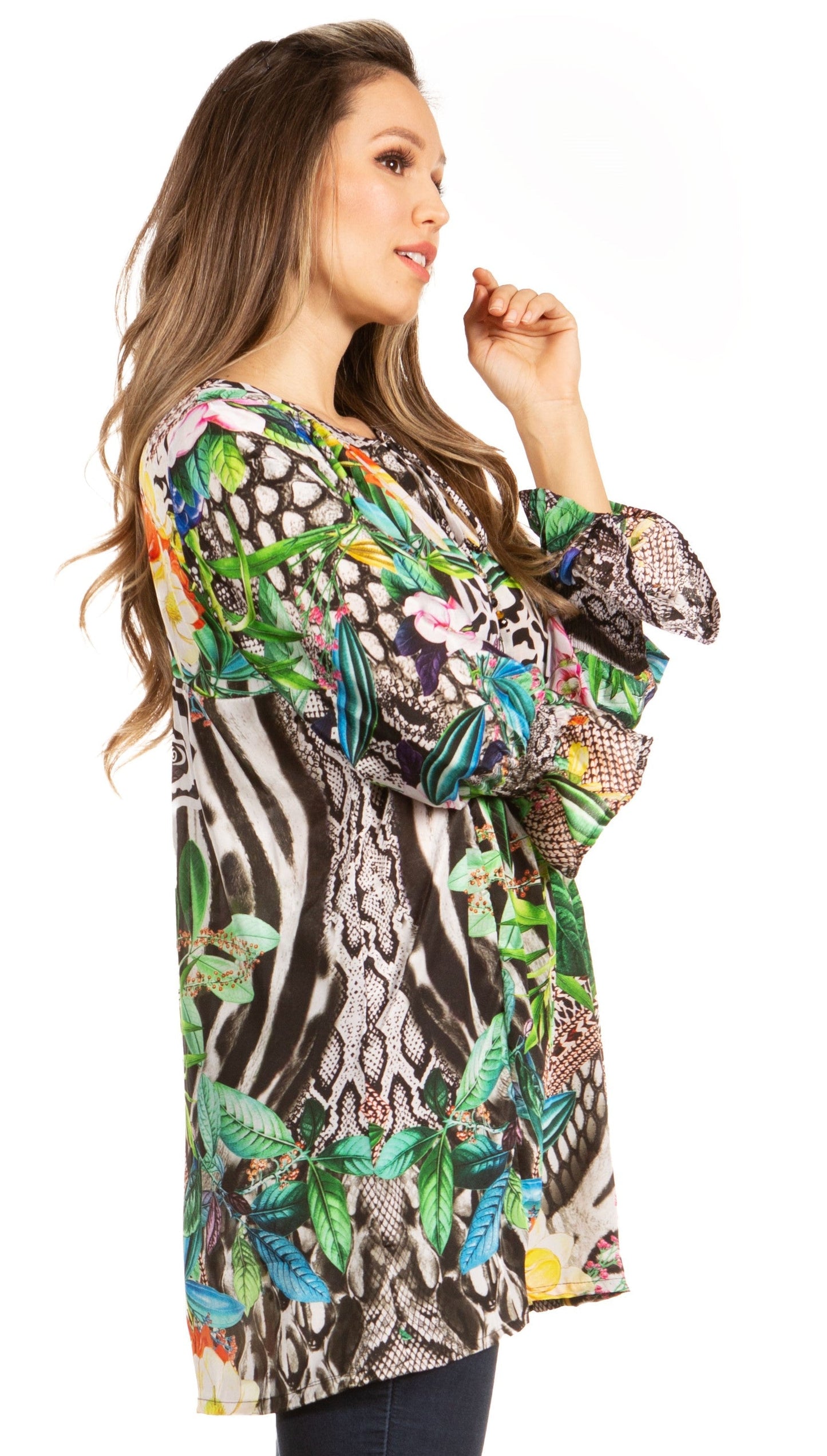 Elvira Floral Tunic Blouse - Women's Loose Swing Top with Long Sleeves and Scoop Neck by Sakkas - Concordia Style Boutique