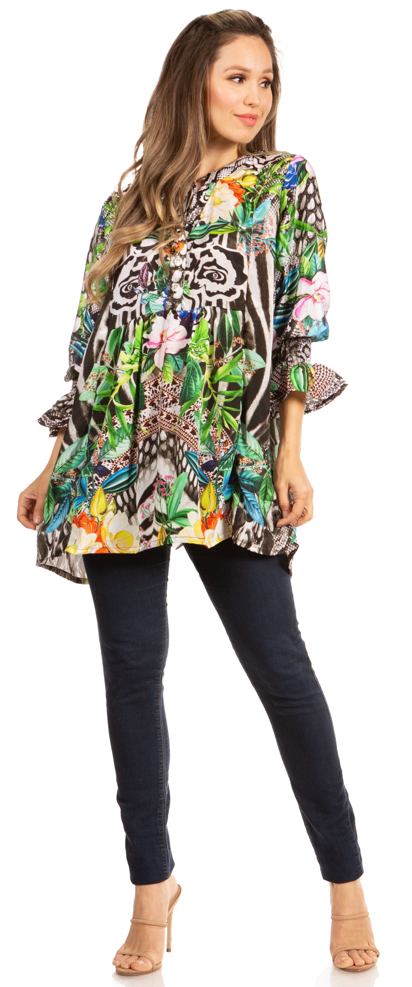 Elvira Floral Tunic Blouse - Women's Loose Swing Top with Long Sleeves and Scoop Neck by Sakkas - Concordia Style Boutique