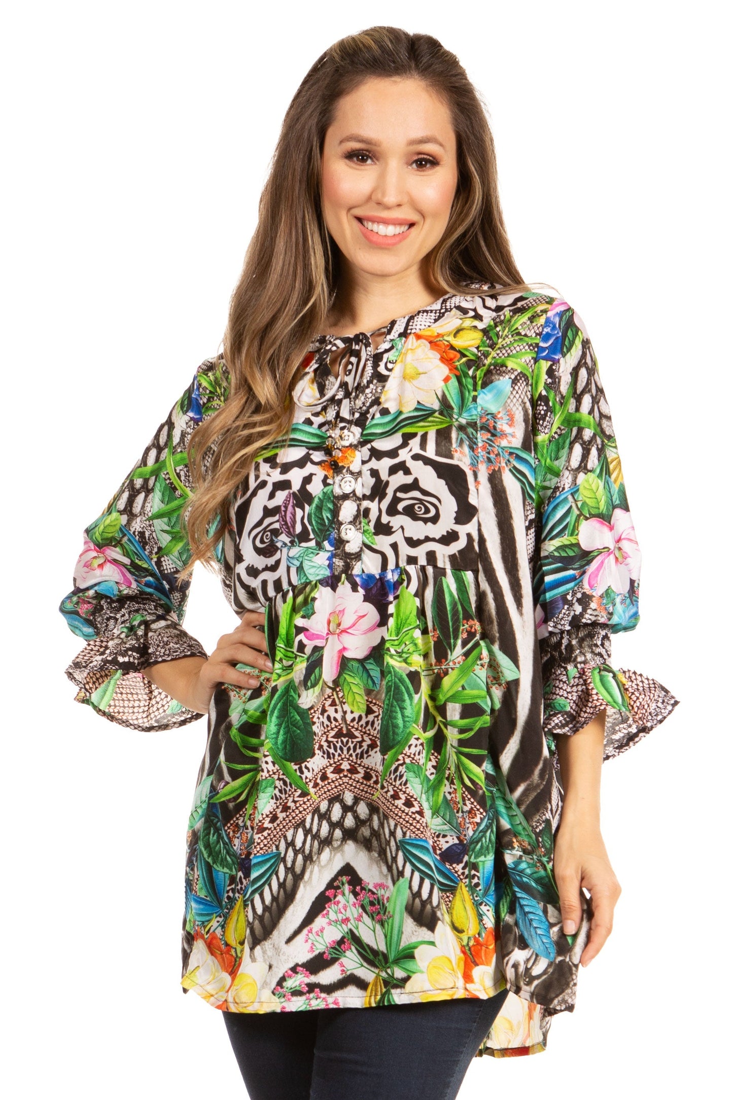 Elvira Floral Tunic Blouse - Women's Loose Swing Top with Long Sleeves and Scoop Neck by Sakkas - Concordia Style Boutique