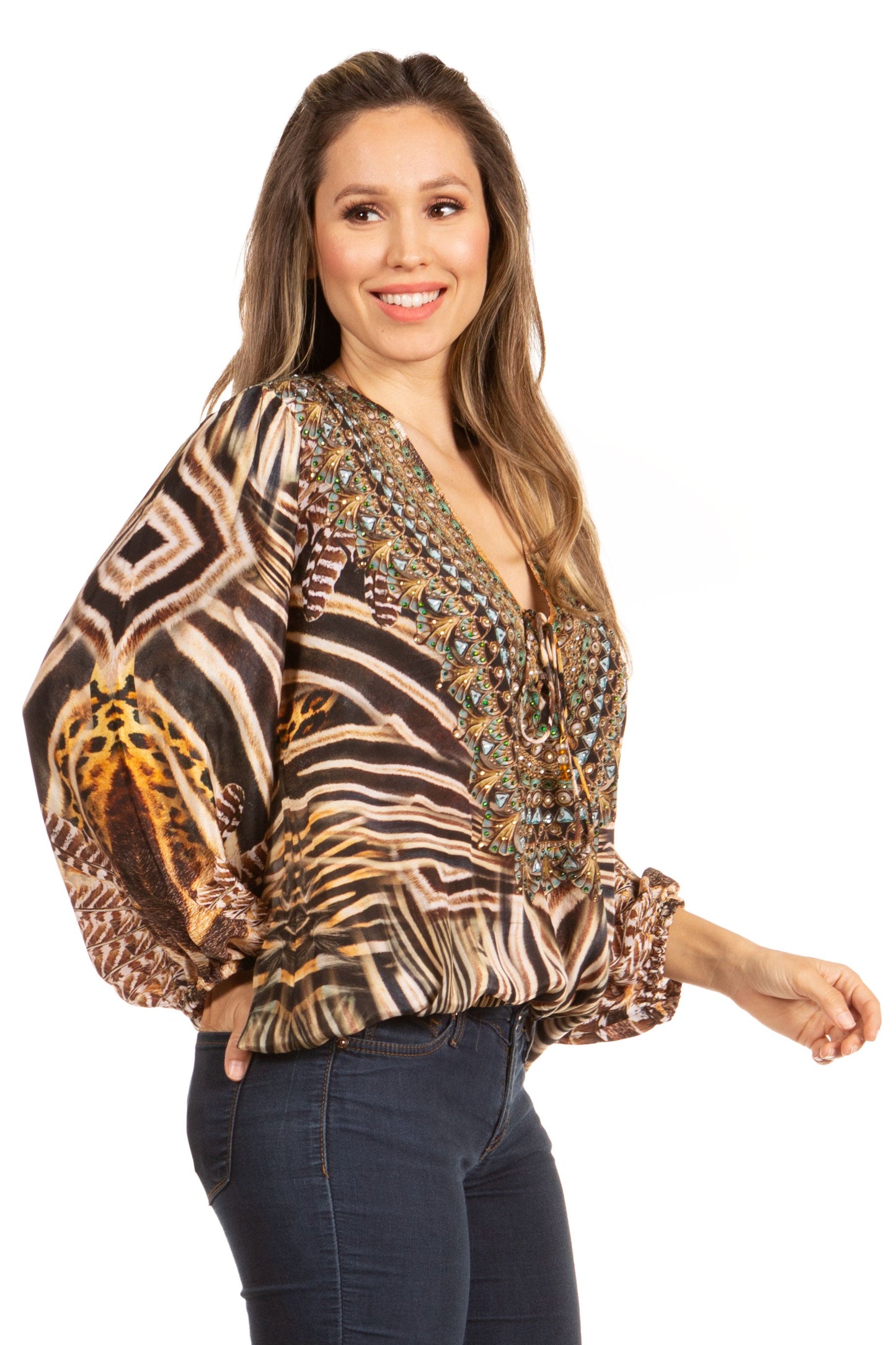 Women's Boho Floral Tunic Top with V-Neck and Elastic Sleeves by Sakkas Sante - Concordia Style Boutique