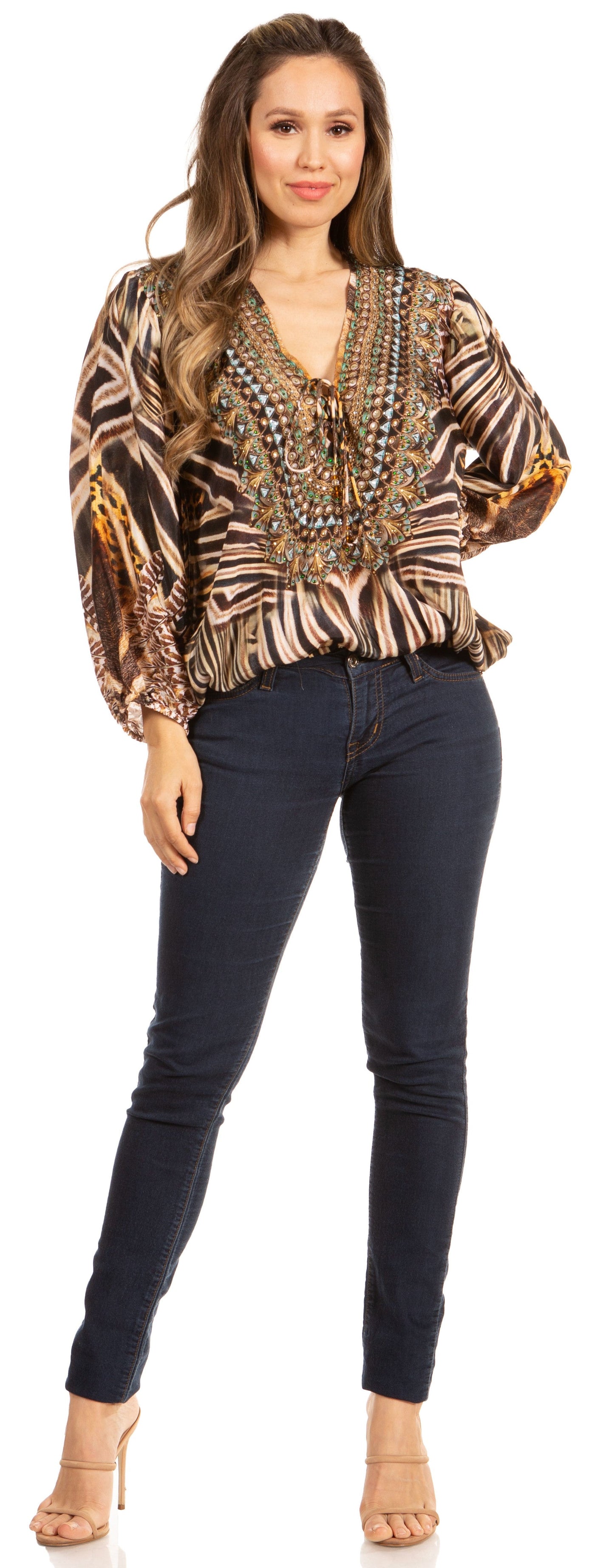 Women's Boho Floral Tunic Top with V-Neck and Elastic Sleeves by Sakkas Sante - Concordia Style Boutique