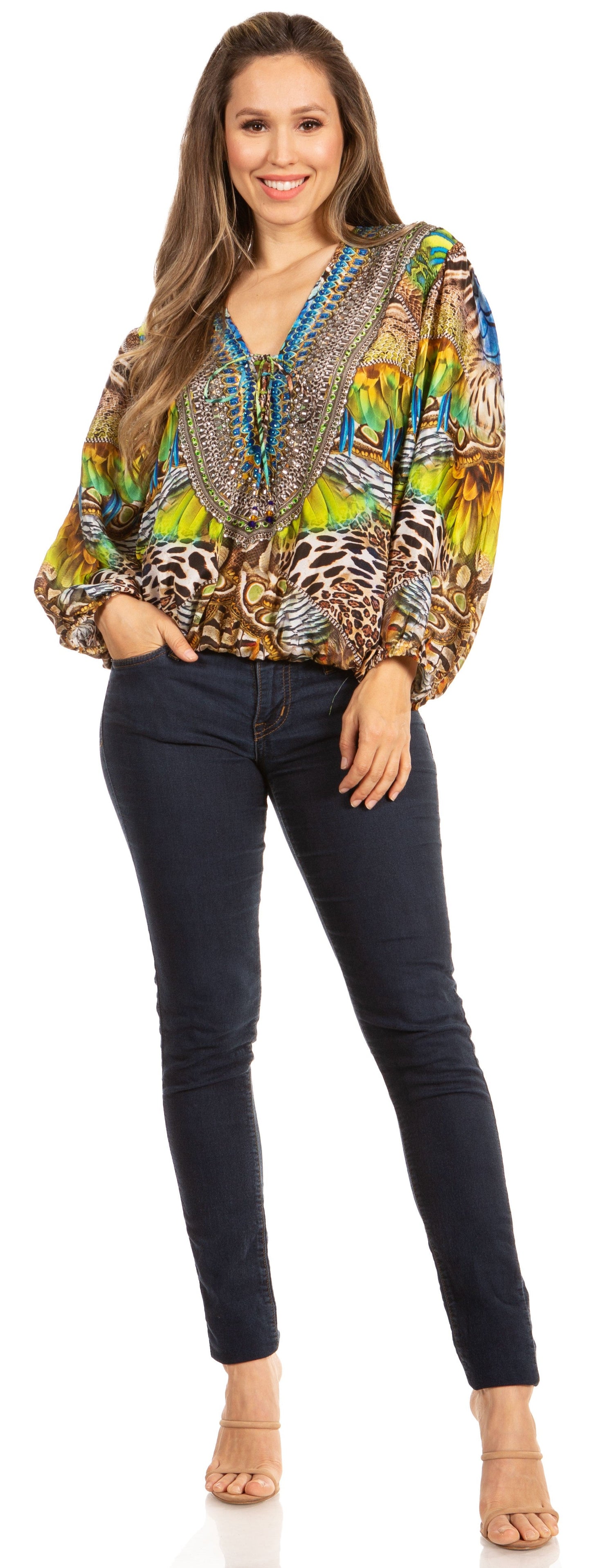 Women's Boho Floral Tunic Top with V-Neck and Elastic Sleeves by Sakkas Sante - Concordia Style Boutique
