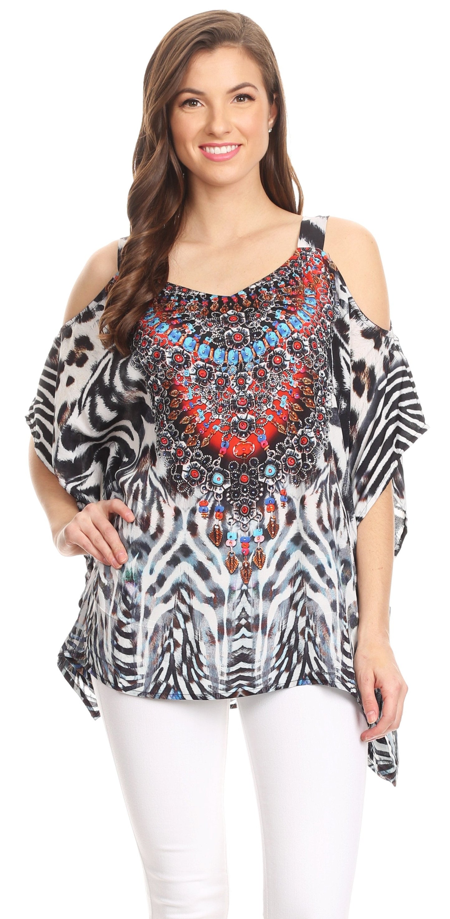 Sakkas Saanvi Printed Draped Short Sleeve Strap Cutout Shoulder V-Neck Kaftan Top - Concordia Style Boutique