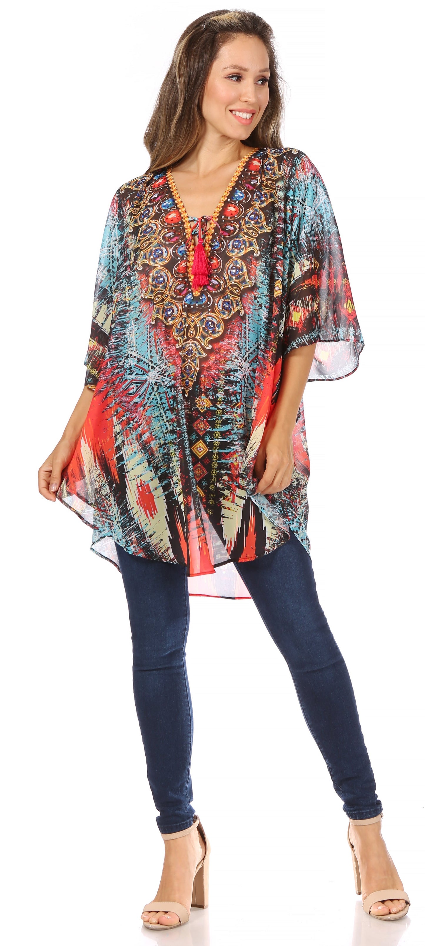 Sakkas Sloane Women's Printed V Neck Loose Fit Casual Circle Top Blouse with Ties - Concordia Style Boutique