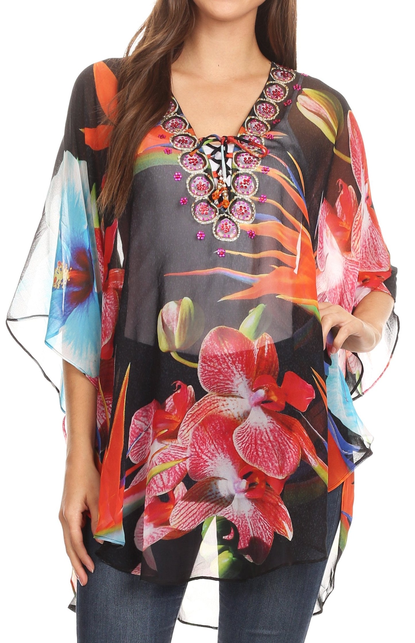 Sakkas Sloane Women's Printed V Neck Loose Fit Casual Circle Top Blouse with Ties - Concordia Style Boutique