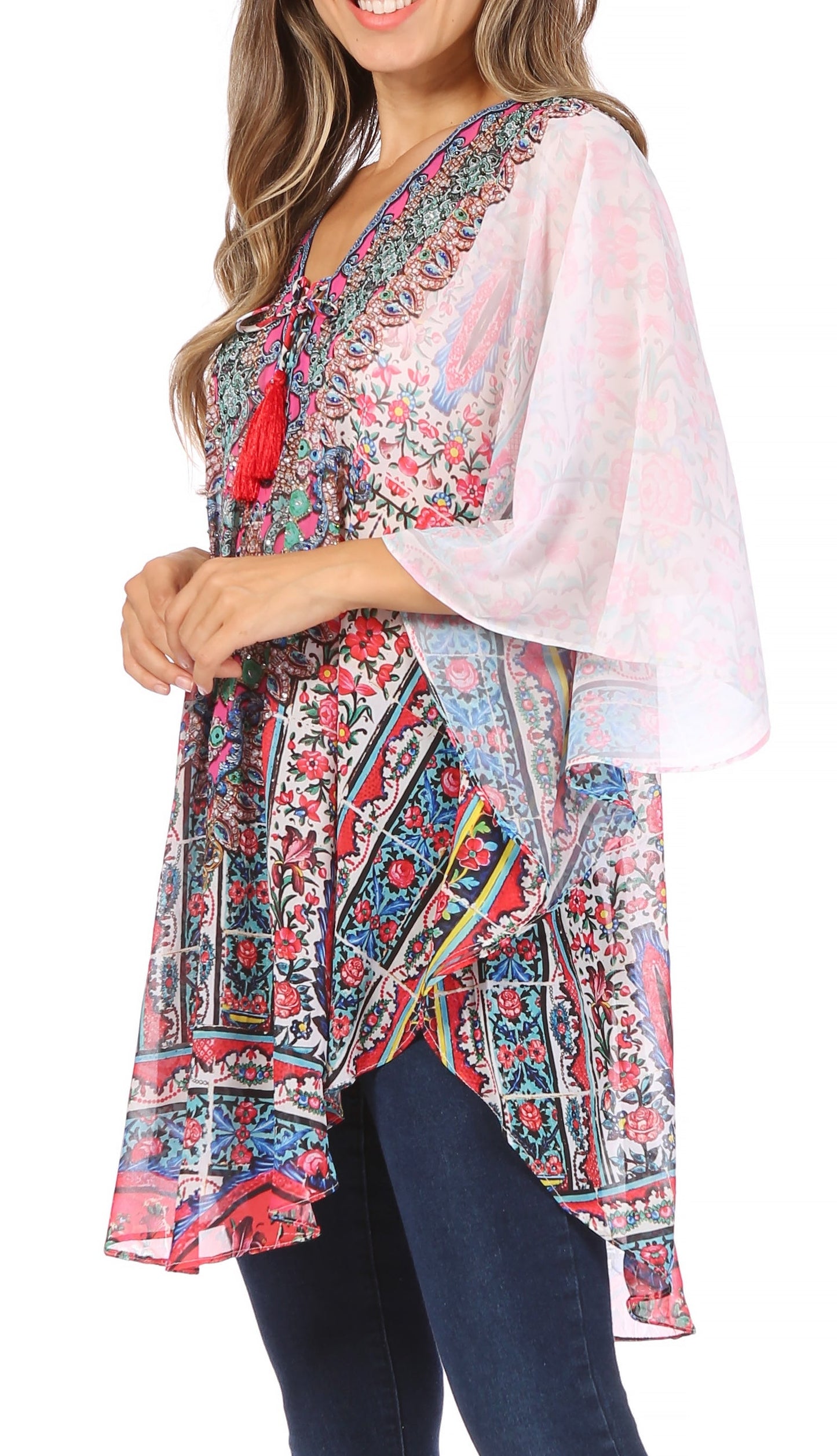 Sakkas Sloane Women's Printed V Neck Loose Fit Casual Circle Top Blouse with Ties - Concordia Style Boutique
