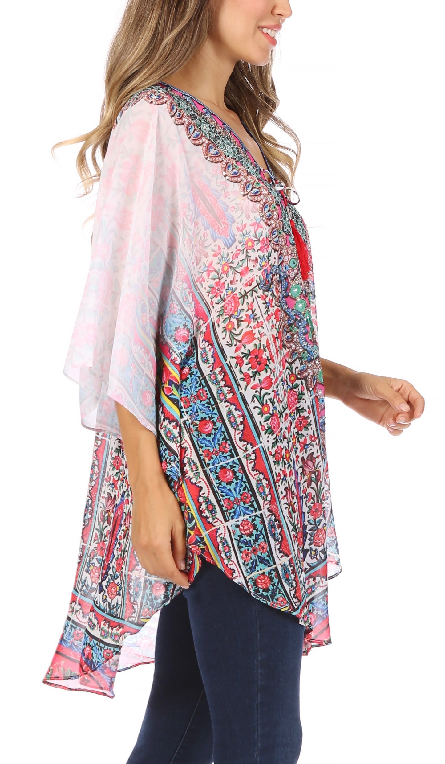 Sakkas Sloane Women's Printed V Neck Loose Fit Casual Circle Top Blouse with Ties - Concordia Style Boutique