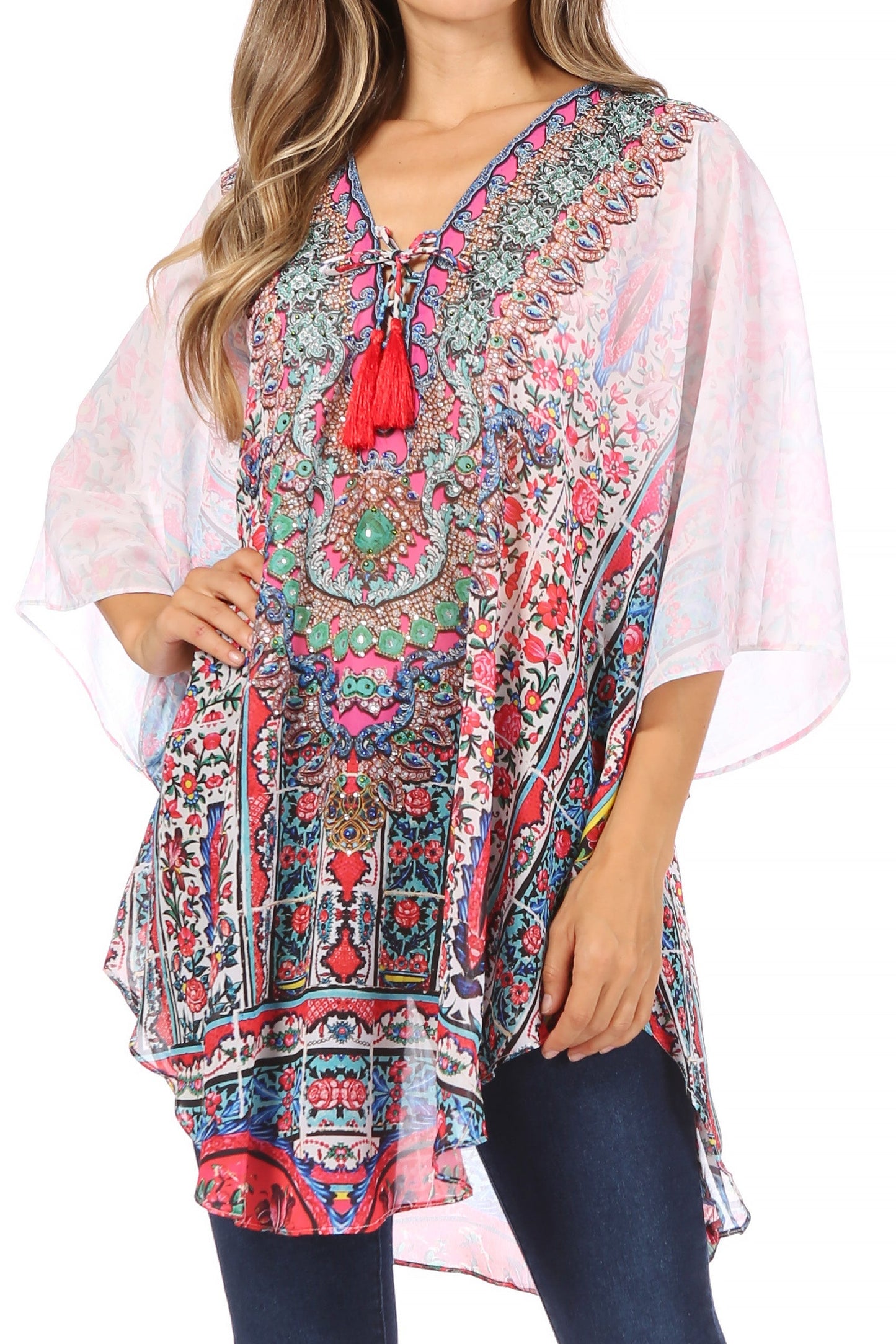 Sakkas Sloane Women's Printed V Neck Loose Fit Casual Circle Top Blouse with Ties - Concordia Style Boutique