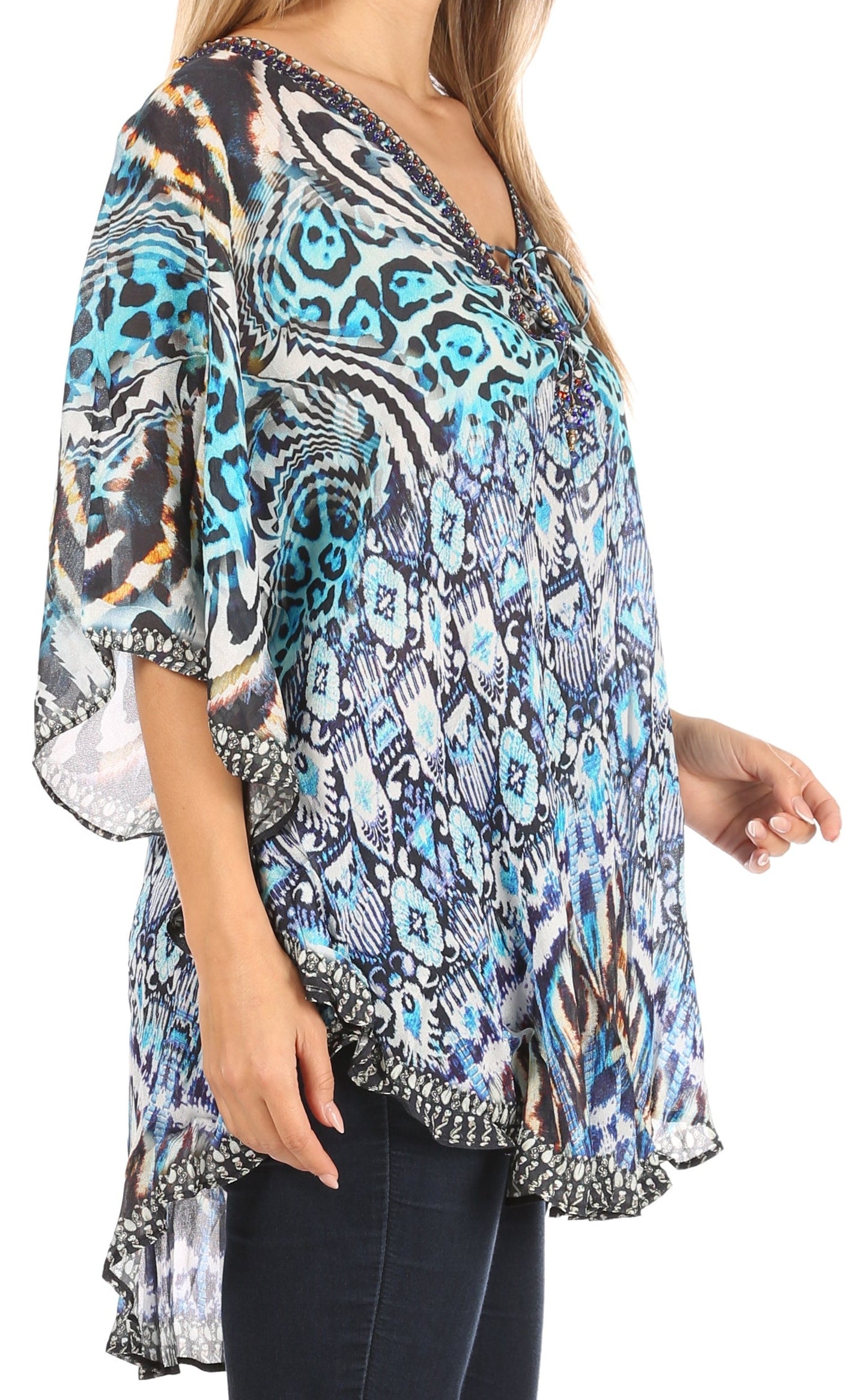 Sakkas Sloane Women's Printed V Neck Loose Fit Casual Circle Top Blouse with Ties - Concordia Style Boutique
