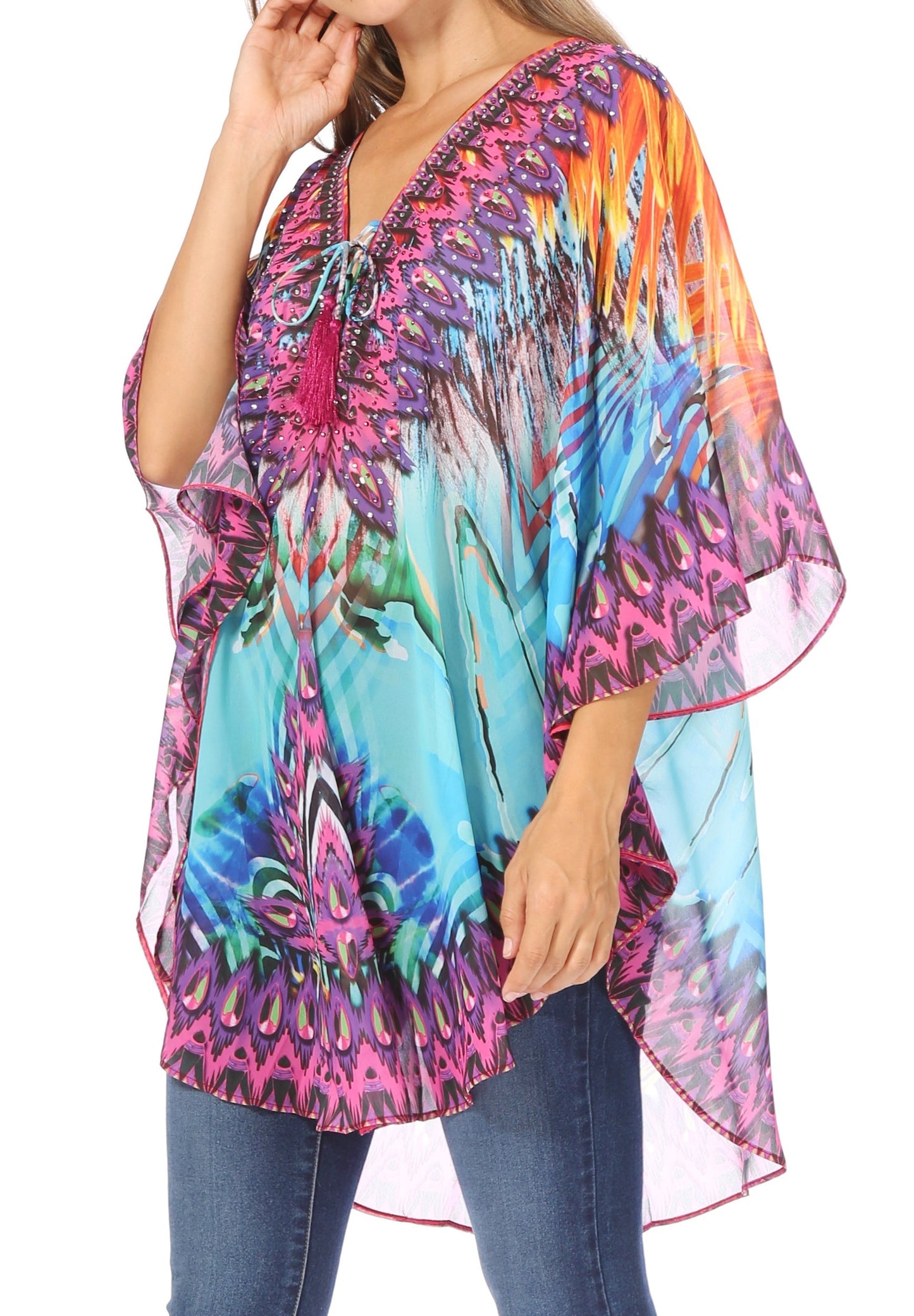 Sakkas Sloane Women's Printed V Neck Loose Fit Casual Circle Top Blouse with Ties - Concordia Style Boutique