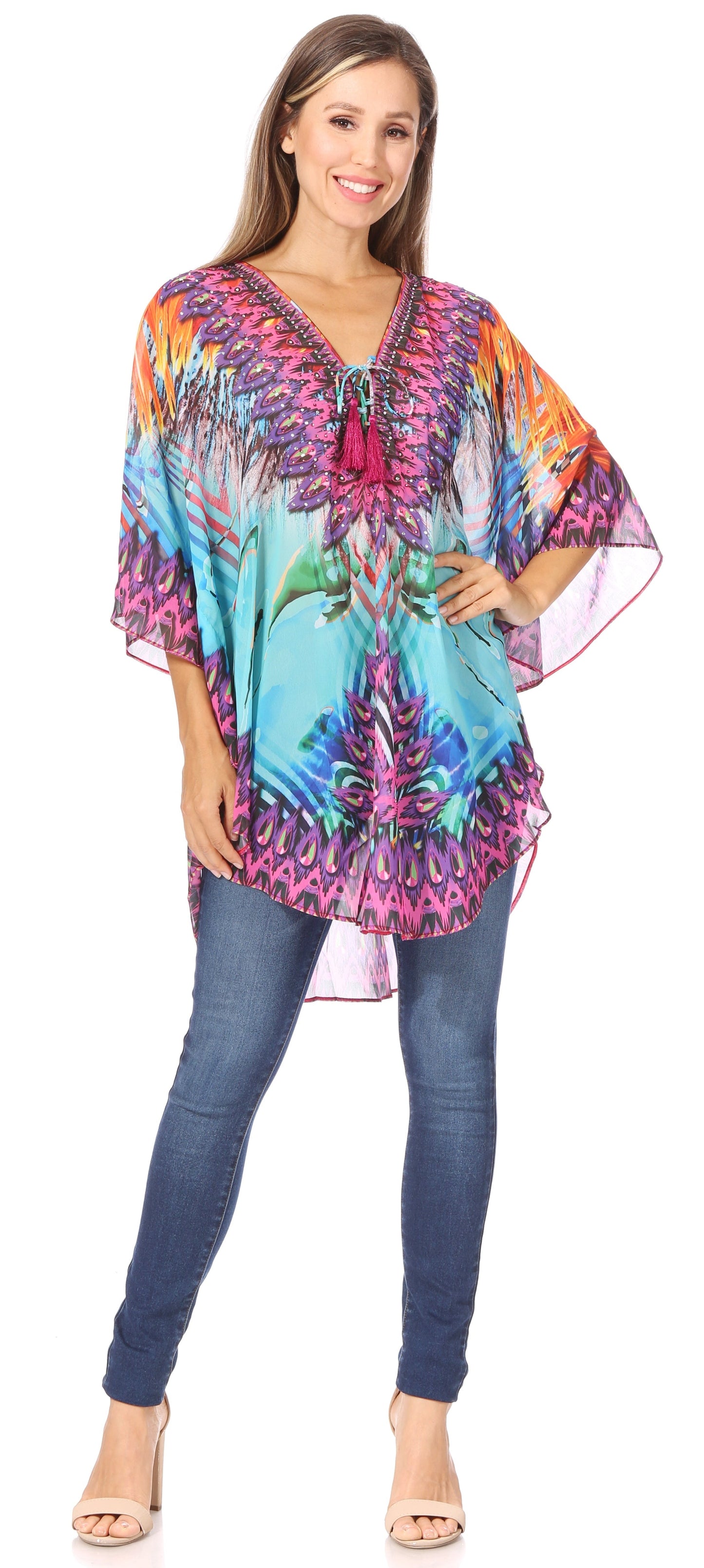 Sakkas Sloane Women's Printed V Neck Loose Fit Casual Circle Top Blouse with Ties - Concordia Style Boutique
